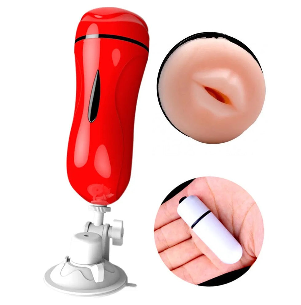 Mouth Shape Male Vibrating Masturbation Cup Hands-Free Suction Cup Flesh Light Stroker Sex Toys for Men