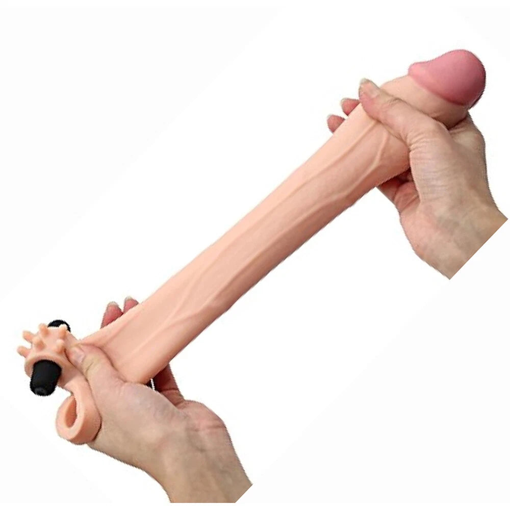 Reusable Vibrating Condom Penis Sleeve with Bullet Extender Enlarger Ball Loop Girth Sheath Sex Toys for Men Couples LGBTQ
